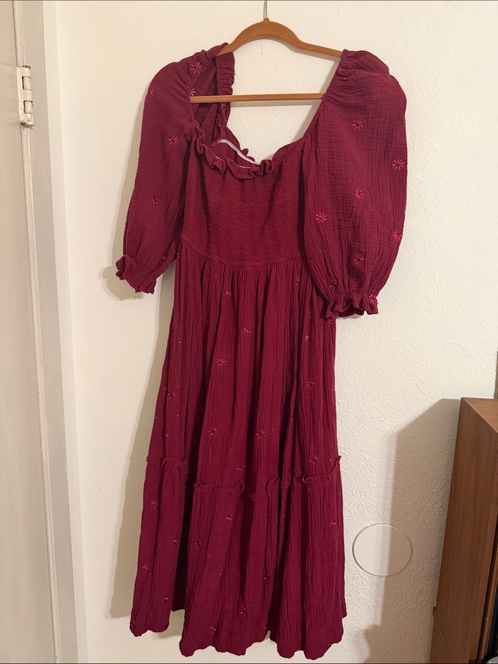 Wine Smocked Maxi Dress with Puff Sleeves